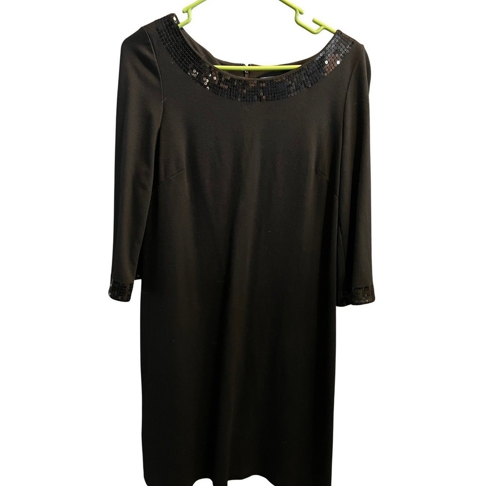 Ann Taylor Womens Black Sequin Trim 3/4 Sleeve Sheath Dress Size 8 LBD Cocktail